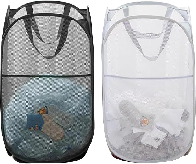 Pack of 2 Pop Up Mesh Laundry Hamper for Cruise, Collapsible Laundry Basket Space Saving, Large Side Pocket, Easy to Carry Handles