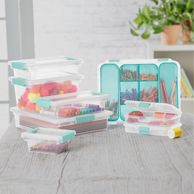 Sterilite 12-Pack Clip Box, Stackable Clear Plastic Bins with Latching Lids, Medium - Writing, Arts or Crafts Supplies Storage Containers for Home, Office, Classroom and Workshop Organization