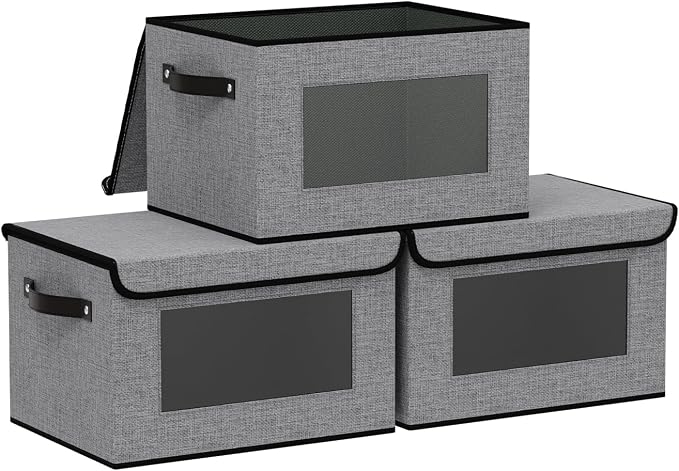 Fabric Storage Bins with Lids,10.2x7.8x6.7In,Gray Box,3Pack | Shelf Baskets with Handles,Storage Boxes with Transparent Window,Closet Container for Bedroom,Clothes Organizer