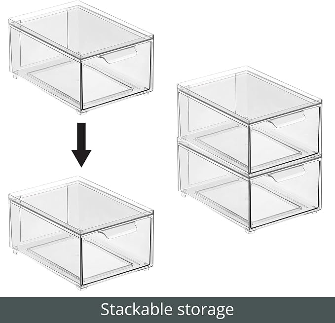 mDesign Plastic Bathroom Organizer Bin w/Pull Out Drawer - Slim Stackable Storage Container for Bathroom Accessories - Perfect for Organizing Bathroom Cabinet - Lumiere Collection - 4 Pack - Clear