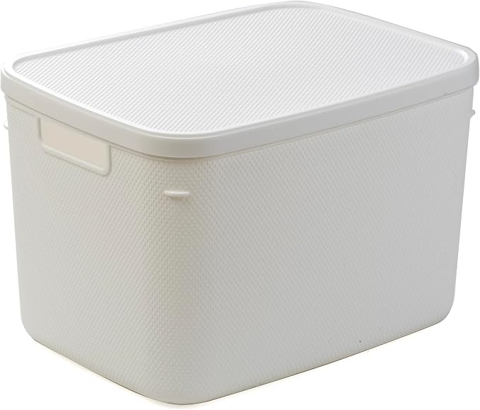 BINO | Plastic Storage Bins with Lids, 20 Liter - 3 Pack, White | THE TWILL COLLECTION | Plastic Bins for Organization | Woven Storage Baskets for Organizing | Pantry Shelf Organizer Basket Bin