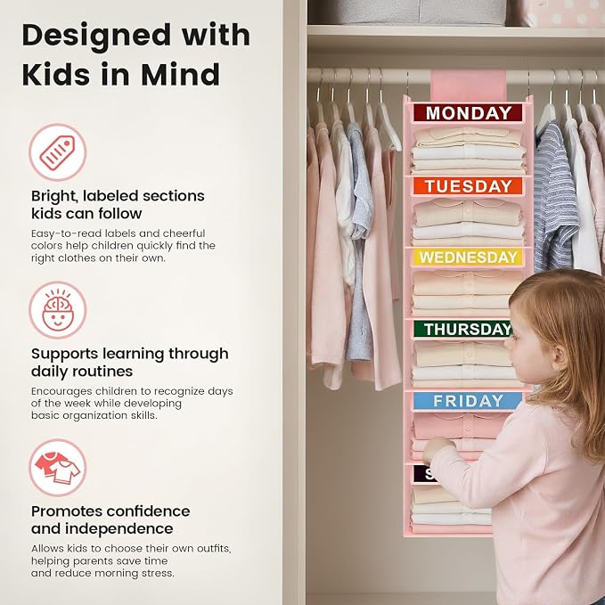 Weekly Clothes Organizer for Kids, 6-Shelf Kid Hanging Closet Organizer w/ 6 Side Pockets, Labeled Weekly Outfit Organizer for Kids, Days of The Week Clothes Organizer Monday Through Friday Pink