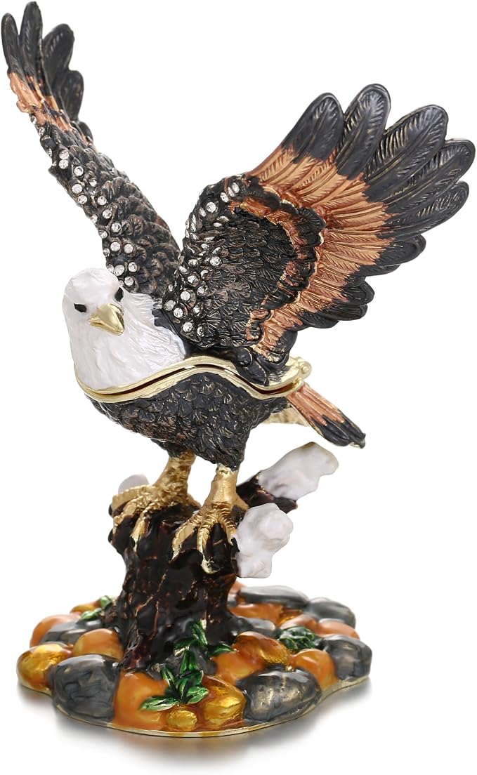 Hand Painted Animal Trinket Box for Home Decor, Hinged Jewelry Organizer Storage, Unique Personalized Collectible Keepsake Figurine Handmade Decorative Ornament Gifts (Eagle)