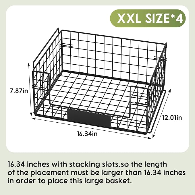 JKsmart 4 Pack XXL Stackable Wire Baskets with Handles for Pantry Storage and Organization,Fruit and Vegetable Basket with Name Plates,Metal Storage Bins for Snack Can Fruit Veggies