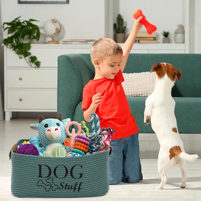 Geyecete Square Dog toy basket storage Cotton Rope Storage Basket Pet/Pet Toy And Accessory Storage Bin Doy Toy Box-Green