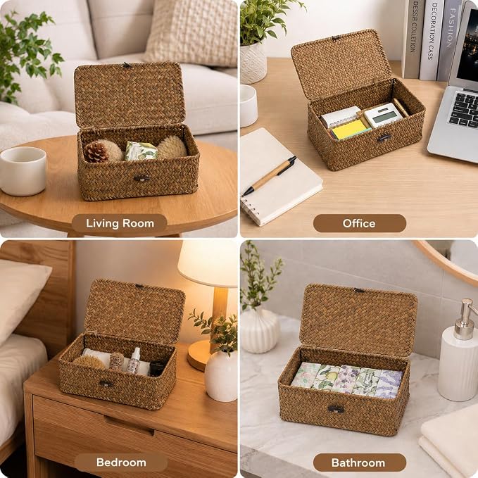 Wicker Basket with Lid, Natural Seagrass Storage Baskets for Organizing, Woven Basket for Storage, Decorative Boxes Bins with Lids Home Organizer Decor (Black, 9.05" x 5.11" x 3.34")