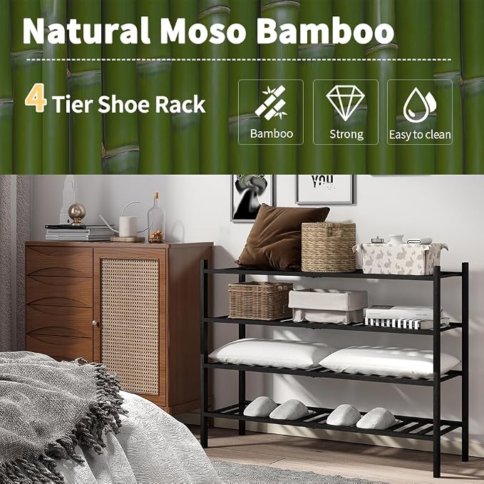 Long Shoe Rack, 4-Tier Bamboo Stackable Shoe Shelf Storage Organizer, Shoe Stand for Closet, Entryway and Hallway(Black)