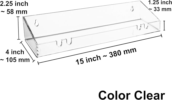 AMT 4 Pack Acrylic Floating Shelves, 15" L x 4" W, Clear Bathroom Wall Shelf, Bookshelves, Invisible Display for Office, Bedroom, Hanging Slots for Bath Sponge & Others Items, Free Screws & Drill Bit