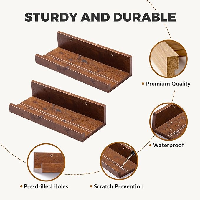 Muzilife 12" Small Floating Wall Ledge Shelves with Lip - Set of 2 Wood Floating Shelves - Honey Wall Mounted Picture Ledge for Office, Bathroom, Bedroom, Living Room, Kitchen
