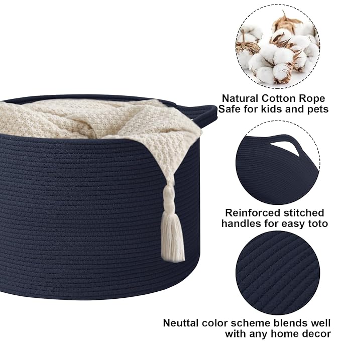 65L Large Blanket Basket,Woven Rope Laundry Basket Hamper with Handles,Decorative Nursery Basket Storage Bin for Toys, Pillows , Clothes Organizer, Living Room, Bedroom, Bathroom, Dark Blue