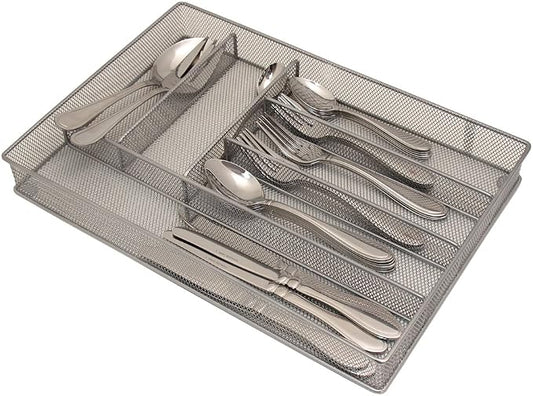 Mesh Large Cutlery Tray with Foam Feet - 6 Compartments - Kitchen Organization/Silverware Storage Utensil Flatware Tray