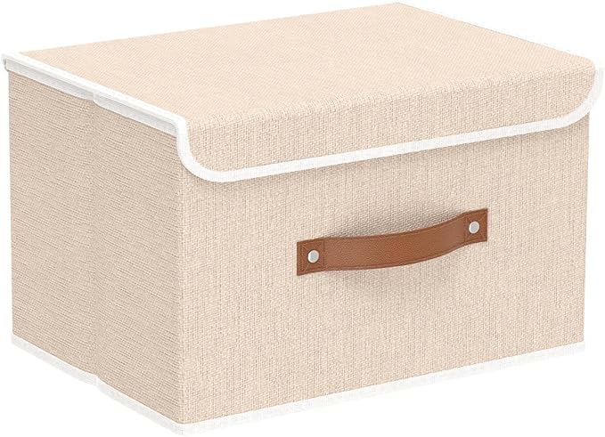 Yawinhe Collapsible Storage Boxes, Stackable Linen Fabric Baskets, Bin with lid and Leather Handle, Washable, for Home, Closet, Beige, 10.2x7.9x6.7 In, 1-Pack, SNK024BEN-1