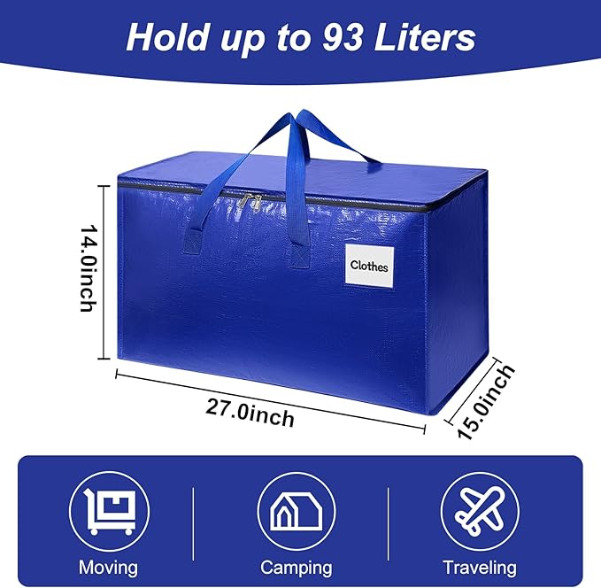 6 Pack Extra Large Heavy Duty Moving Bags with Reinforced Zippers & Wide Carry Handles, Durable Storage Totes for Clothes Packing, Dorm Moves & Home Organization, Blue