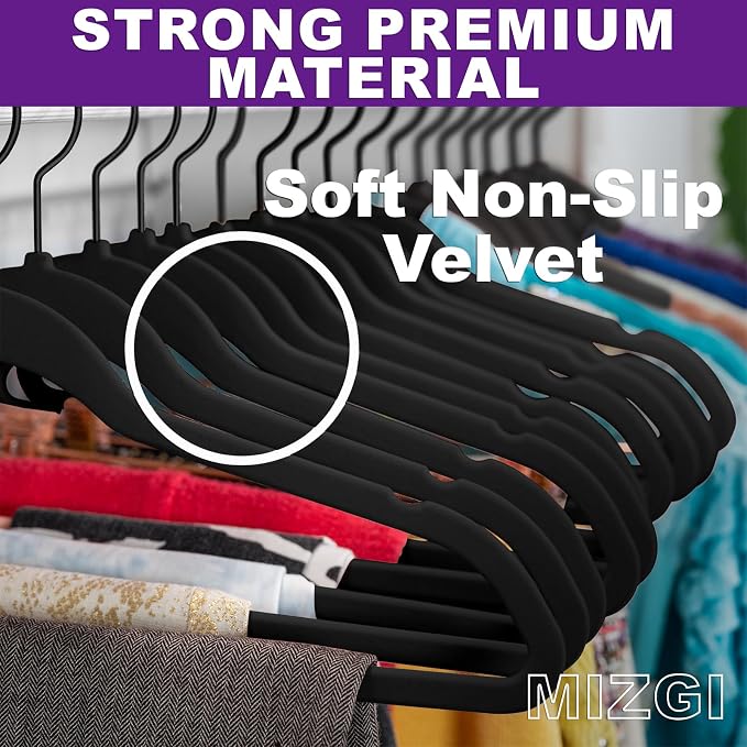 MIZGI Premium Velvet Hangers with Black Hooks (30 Pack) - Heavy Duty, Non Slip Felt, 360 Degree Swivel, Space Saving, Durable for Suits & Coats
