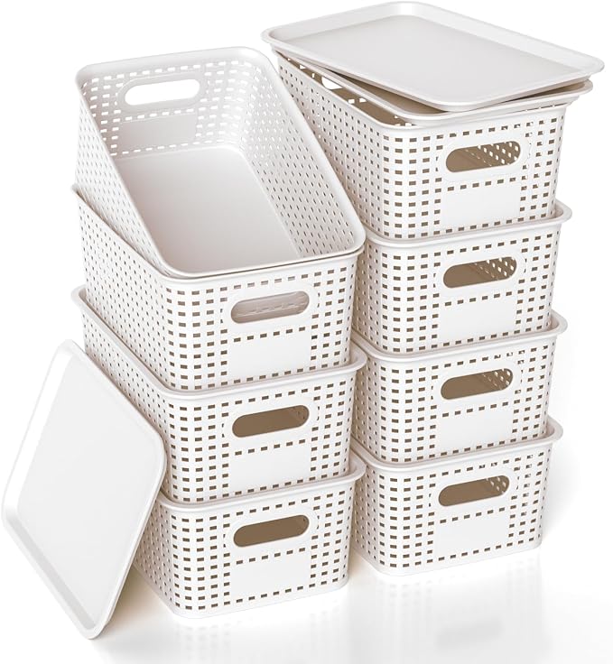 Plastic Storage Basket with Lid, Stackable Small Box Bins for Organizing and Containers for Shelves Drawers Desktop Closet Playroom Pantry Classroom Office Home, 8 Pack 10.2x7.2x4.1 Inch, White