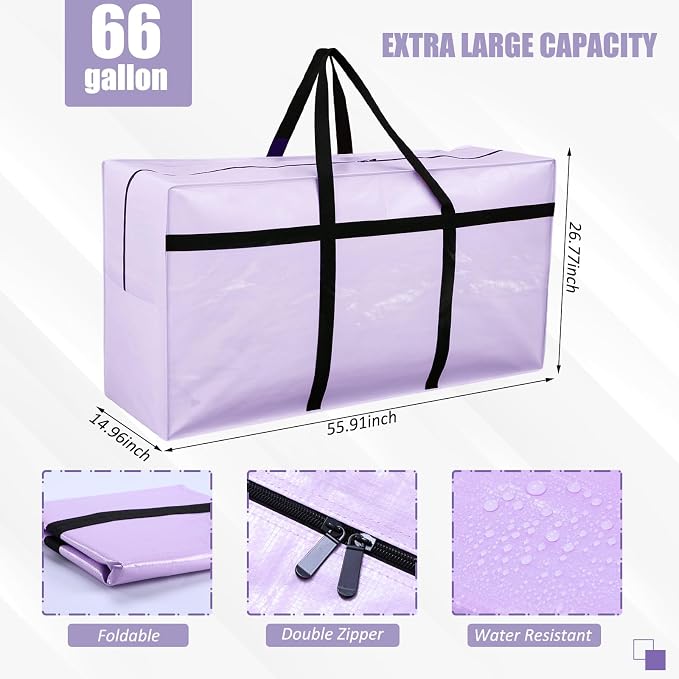 4 Pcs 66 Gallon Extra Large Moving Bags Heavy Duty Storage Bag with Strong Zipper Handle Foldable XXL Jumbo Storage Tote Packing Moving Box for College Dorm Travel Cloth Duffle (Jelly Purple)