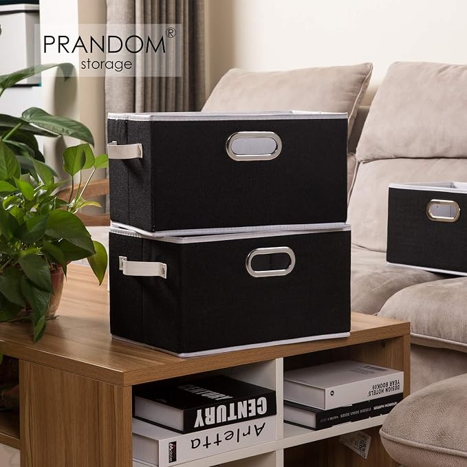 PRANDOM Large Collapsible Storage Bins for Closet [3-pack] Decorative Fabric Storage Baskets Cubes with Leather/Metal Handles for Shelves Bedroom Living Room Black (14.9x9.8x8.3 Inch)