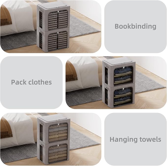 FHSQX 2 Pack Clothes Storage Bins, Light Gray, 16.5x12.2x12.2 Inch | ‎Portable, Large Clear Window, Stackable, Durable Handles, Foldable