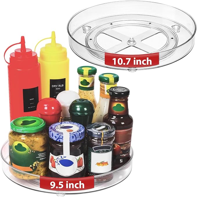 Optish 4 Pack Lazy Susan Organizer, 9.5 Inch, 10.7 Inch Lazy Susan Turntable for Cabinet, Turntable Organizer for Pantry Organizers and Storage, Non-Skid Fridge Organizer