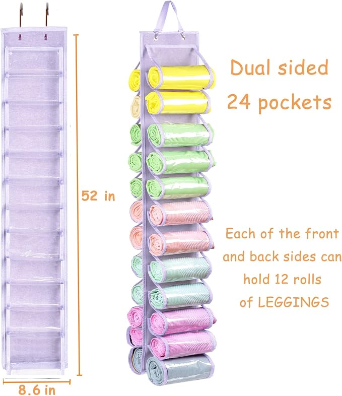 Legging Storage Bag Storage Hanger Can Holds 24 Leggings or Shirts Jeans Compartment Storage Hanger, Foldable Leggings Organizer Clothes Portable Closets Roll Holder (Light Purple)