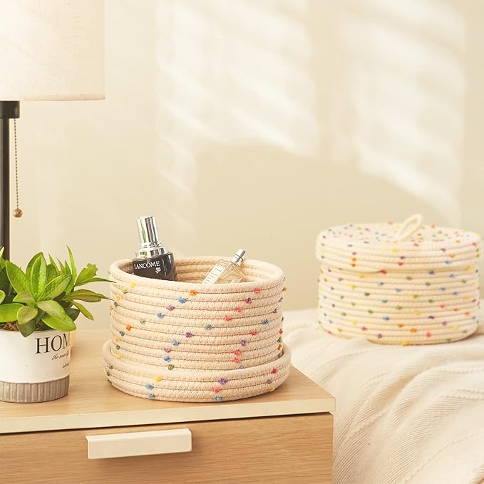 Esme L&H Round Storage Baskets with Lids,Small Storage Baskets Set of 2,Cotton Rope Woven Storage Basket,Small Decorative Basket, Colorful Rainbow Pompom, Cute Storage Bins, Box for storage