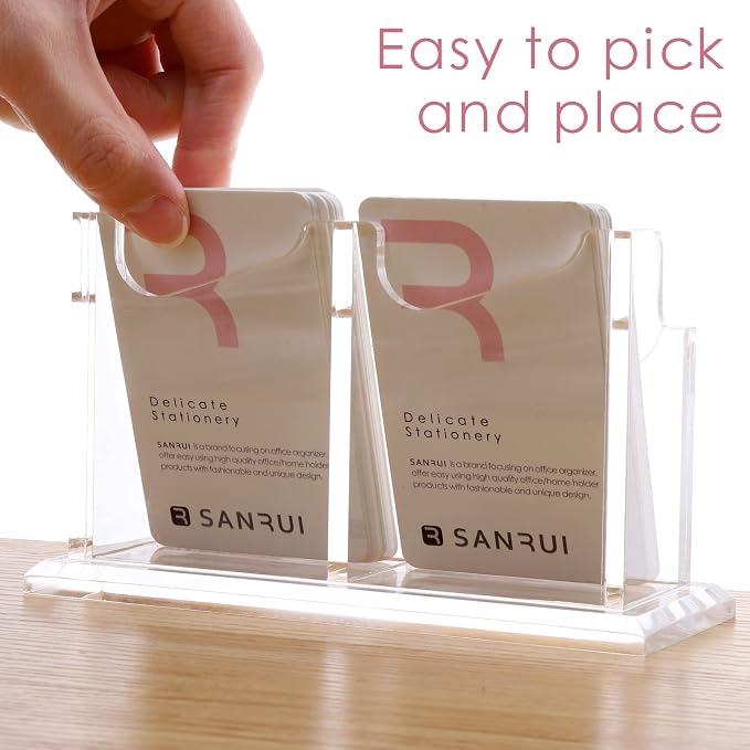 SANRUI Vertical Business Card Holder for Desk，Clear Acrylic Business Card Display Stand，2 Slots 1 Tier ，Holds 100 Cards