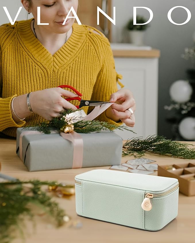 VLANDO Jewelry Organizer with 12 Velvet Jewelry Bags Travel Jewelry Case for Girls Premium Petal Hardware Jewelry Box Necklace Rings Earrings Bags Birthday Holidays Gifts for Self-Mint Green