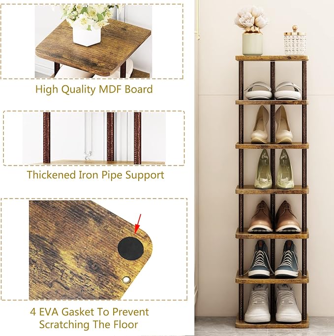 SORCEDAS 7 Tiers Vertical Shoe Rack Wooden Shoe Storage Organizer for Space Saving Narrow Shoe Shelf Storage 7 Pairs for Entryway Living Room Bedroom(Bronze + Rustic Dark Brown)