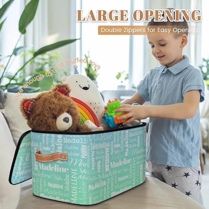 Custom Storage Basket with Name, Personalized Keepsake Box with Zipper Lid, Foldable Fabric Memory Bin Large capacity with Handle Bright Green Blue