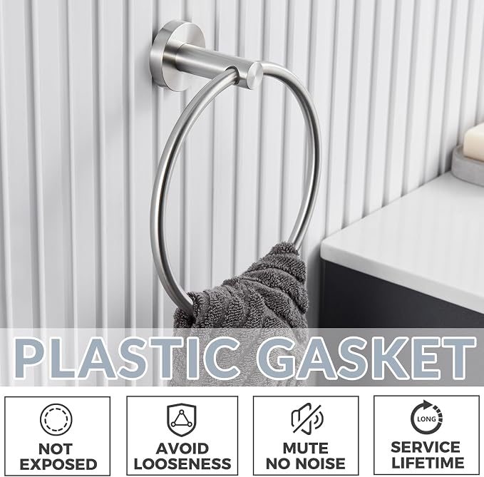 APLusee Bathroom Towel Ring Brushed Nickel, 304 Stainless Steel Hand Towel Holder for Bathroom Kitchen, Single Round Swivel Hanger, Wall Mounted