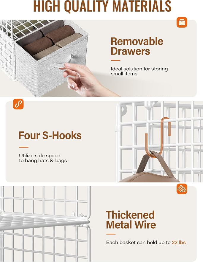 Closet Hanging Organizer with Drawers, 6 Tier Metal Closet Organizers and Storage with 4 Hanging Hooks 4 S-Hooks for Wardrobe Laundry Room, Wire Storage Shelf for Clothes Sweaters Pants (White)