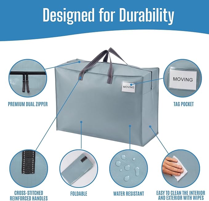 VENO 4 Pack Heavy Duty Moving Bags, Storage Bags, Packing Supplies, Top Zipper, Storage Totes for Camping, Clothes, Bedding, Comforters, Pillows (27 Gallon Light Blue, 4 Pack)