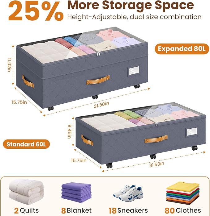 Budding Joy Under Bed Storage with Wheels 2Pack, 80L- Height Adjustable Underbed Containers with Clear Lids, Rolling Under Bed Shoe Storage Organizer for Dorm Home Clothes, Blankets, Toys, Grey
