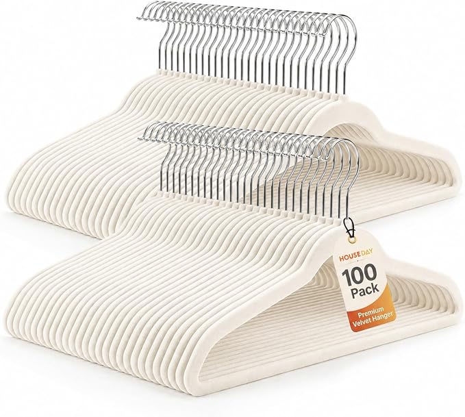 HOUSE DAY Ivory Velvet Hangers 100 Pack - Non Slip Felt Hangers Closet Essentials, Space Saving Hanger, Gentle on Clothes, Sturdy Shoulder Design