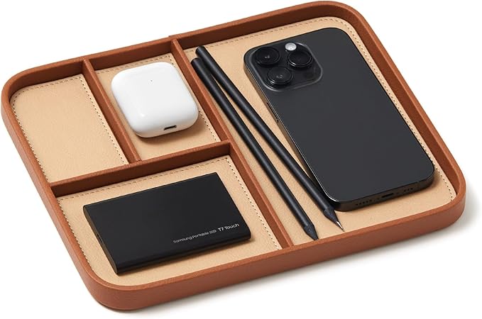 Nordik Leather Valet Tray - Sand Brown - 9.5 x 7.9 Inch Medium Vegan Leather Tray - Stylish Nightstand Organizer for Men - Modern Bedside Caddy - EDC Catchall for Key Watch Wallet Jewellery