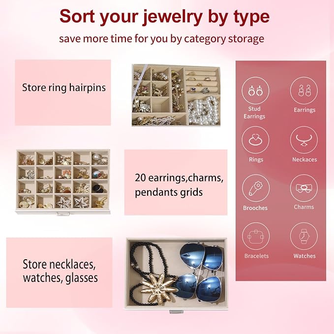 BOOVO Clear Lid Jewelry Box,3 Layers Jewelry Organizer Large Jewelry Storage Box with 2 Drawers,Jewelry Holder Organzier of Rings Earrings Necklace Bracelets for Women (White, 3 Layer)