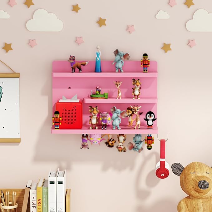 for Tonies Shelf Magnetic - Tonies Figure Organizer for Kids Room, Wooden Magnetic Display Shelf for Tonies Box Holder, Wall Floating Shelves Toy Storage Compatible Charging Station (3 Tier, Pink)