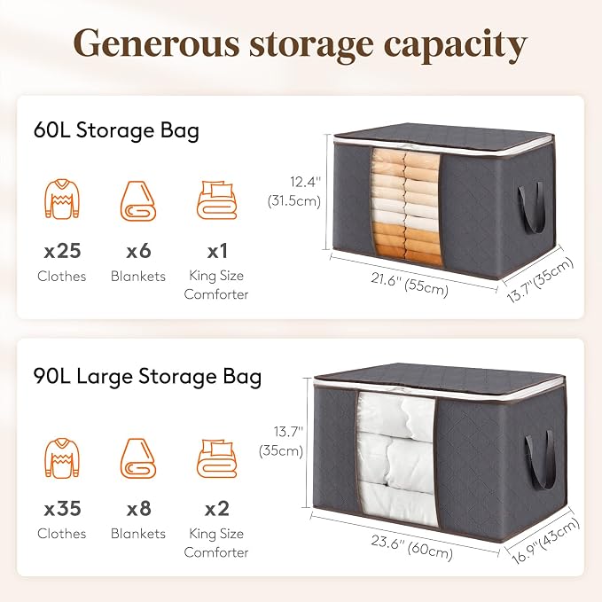 Lifewit 4 Pack 90L Clothes Storage Bins with Lids, Foldable Blanket Storage Bags with Zippers, Clear Window and Reinforced Handles, Closet and Organization for Clothing, Sweater, Comforter, Bedding