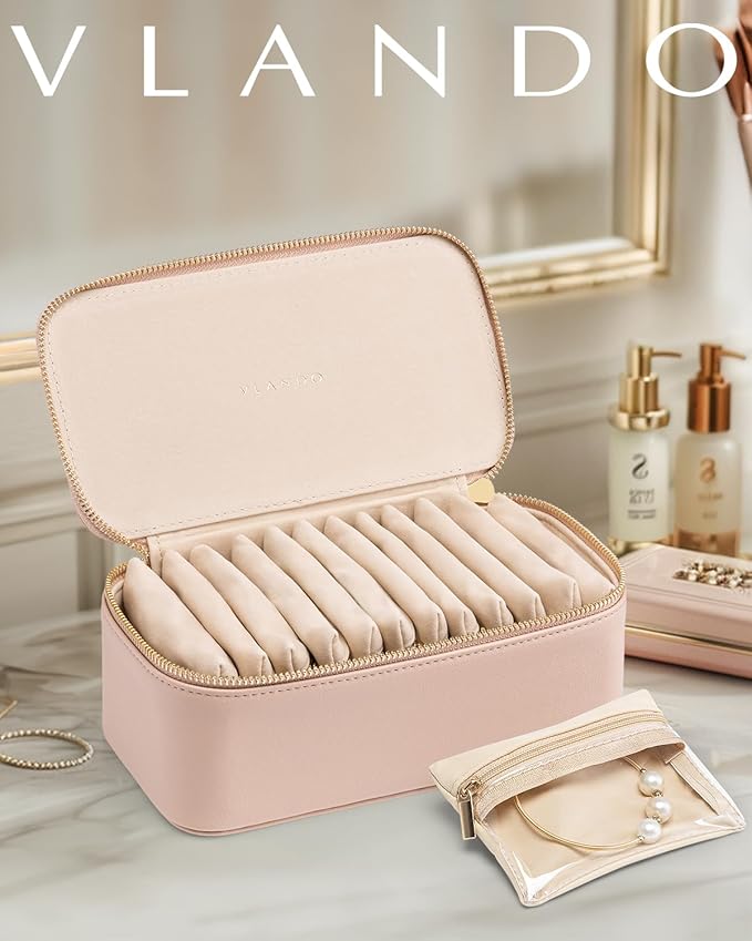 VLANDO Jewelry Box with 12 Velvet Jewelry Bags Travel Jewelry Case for Girls Jewelry Organizers Necklace Rings Earrings Storage Bags Mother Gifts Bridal Shower Gifts- Khaki
