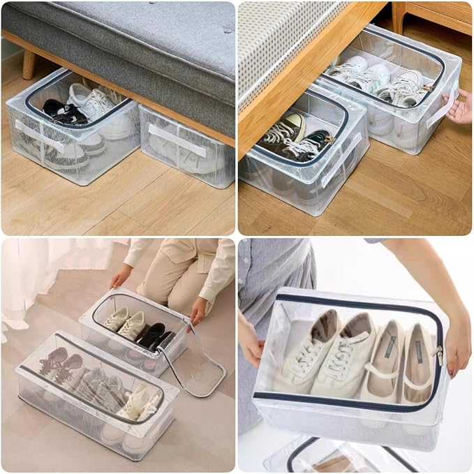 1 Pack Clear Shoe Storage Boxes for Boots Sneaker, 15.8" x 11.8" x 6" | Stackable Closet Storage Bins, Lids, Metal Frame, Waterproof PVC Cloth