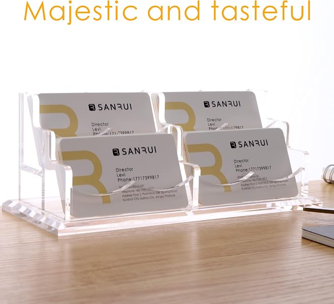 SANRUI Clear Horizontal Business Card Holder Stand for Desk, Acrylic Desktop Display Name Cards Holders Organizer Storage Rack,for Exhibition, Home, Office,2 Tier 4 Pocket, 240 Card Capacity