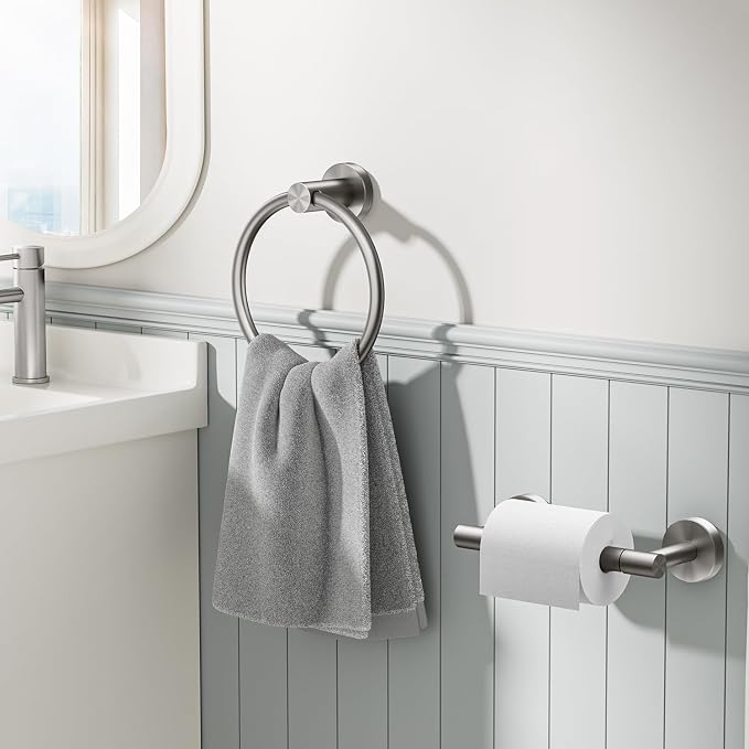 FORIOUS Toilet Paper Holder Wall Mount, SUS304 Stainless Steel Double Post Pivoting Tissue Roll Holder and Hand Towel Ring Set for Bathroom, RV, Bathroom Hardware Accessories Set, Brushed Nickel, 2