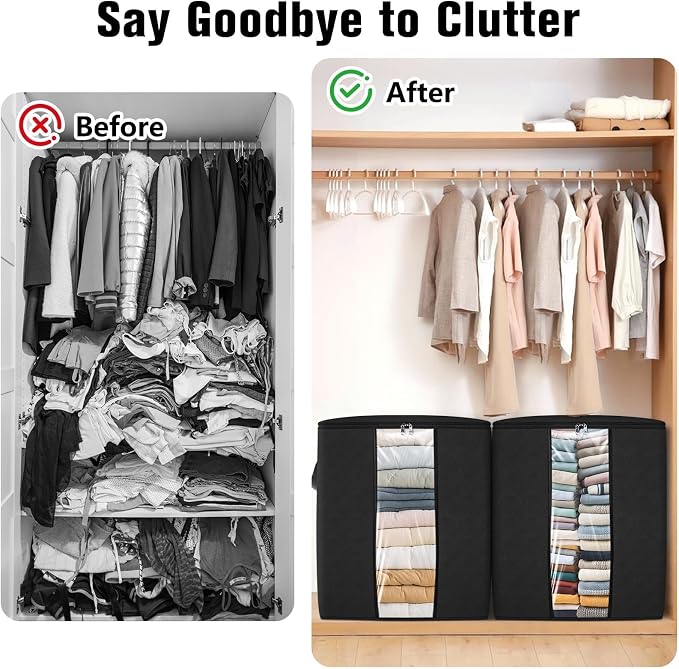 SpaceTrove Clothes Storage Bags, 4-Pack Comforter Blanket Organizers, 80L Large Capacity Containers with Visual Window for Clothing, Quilt, Sheet, Pillow, Closet Organization for Bedding (Black)