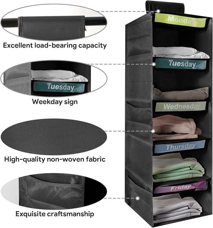 5-Shelf Weekly Clothes Organizer for Kids Days of The Week Storage (Black) | Days of The Week Hanging Storage Shelves for Dorm Room Essential, Daily Shelf Closet Organizer with 6 Side Pockets