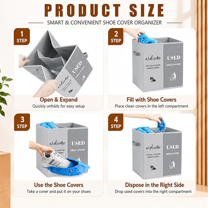 Shoe Cover Box with Door Hanging Sign – Foldable Double Compartment Storage Bin, Freestanding Dispenser Organizer for Home, Office, Entryway (White Gray)