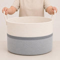 OrganiHaus Round Toy Basket & Blanket Basket, Cotton Rope 20x13" | Striped Gray - Round Cotton Rope Basket, 20x13"