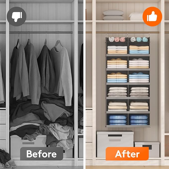 Lifewit Dual-Row 6 Tier Hanging Closet Organizer and Storage, Wide Clothes Storage Shelves with 3 Sturdy Hooks for Clothing Organization, Large Foldable Sweater Shelf for Bedroom, 12 Sections, Grey