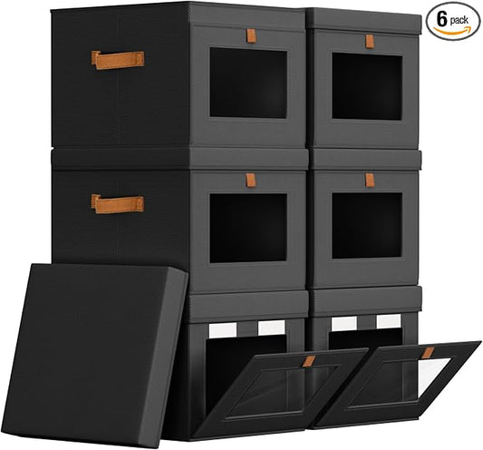 Homsorout Storage Bins with Lid – Closet Organizer with Side Opening and Clear Window, Foldable Stackable Fabric Basket for Clothes, Home, Office - 13.77" x 11.8" x 9.8", 6 Pack, Black