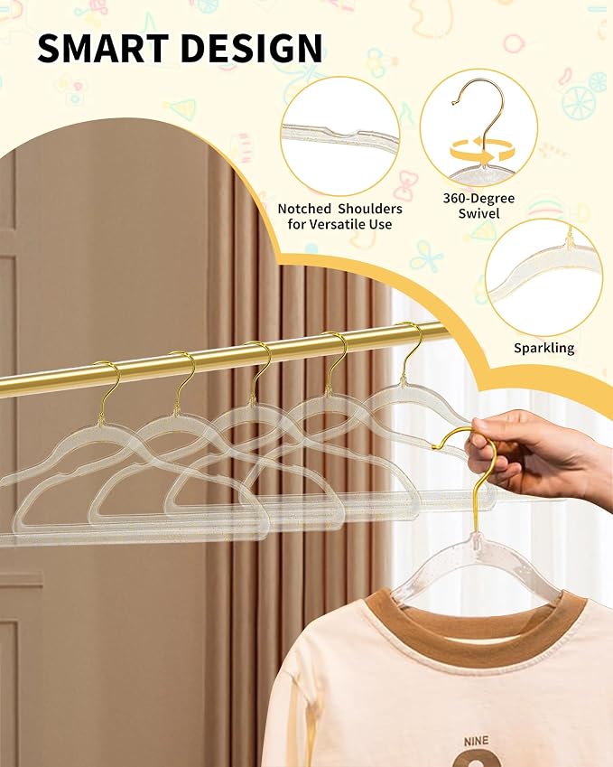 50pcs Slim Clear Toddler Hangers with 10 Connector Hooks for Kid's Closet | Swivel Golden Sparkling Baby Clothes Hangers with Gold Glitter for Infant Coat Outfit, Perchas for Children Boy Gril Nursery