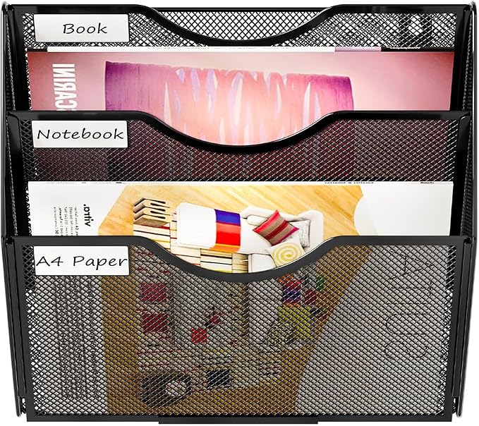 PAG Hanging Wall File Holder, 3 Tier Mail Sorter for Wall, Mesh Office Wall Organizer For Papers/Folders/Files Clipboard & Magazine, Black